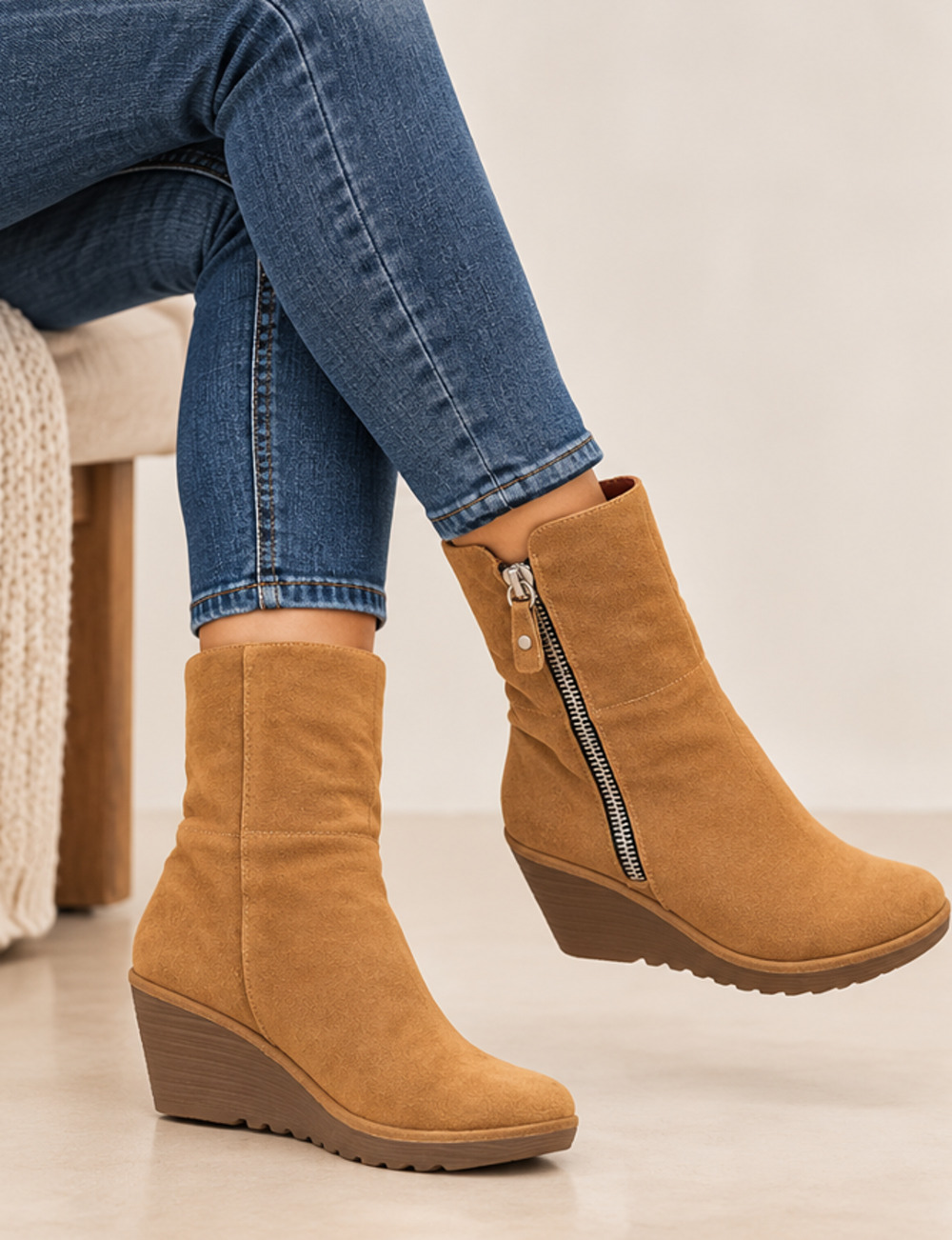 FLY London Tan Suede Red Fold Over Cuff Wedge Ankle Boots EU 38 US 7.5 Gorpcore